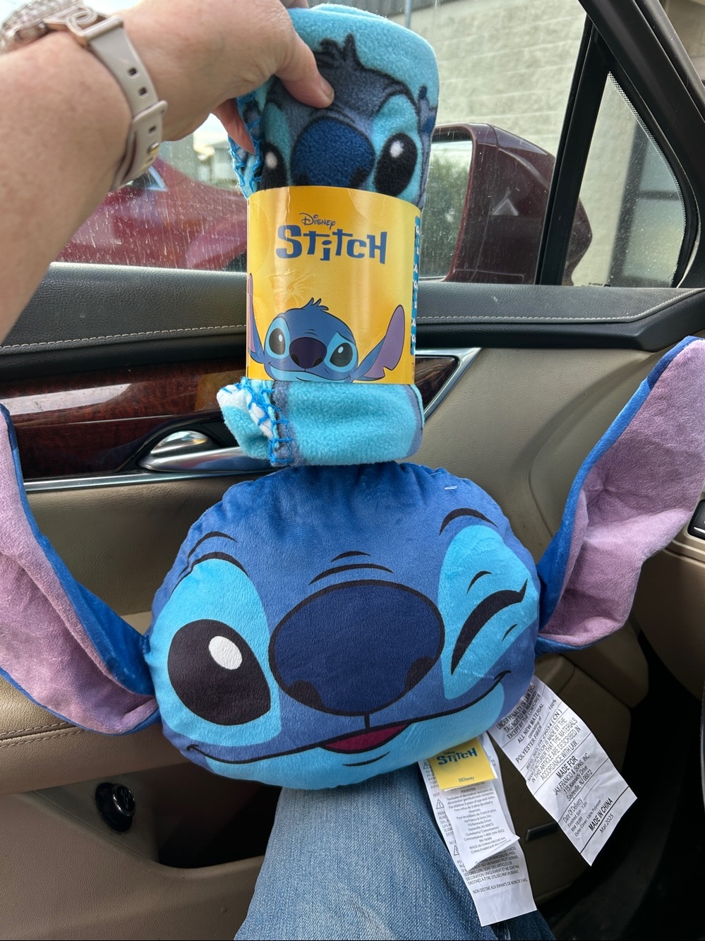 Disney Blue Stitch Plush Face Cushion and matching travel blanket